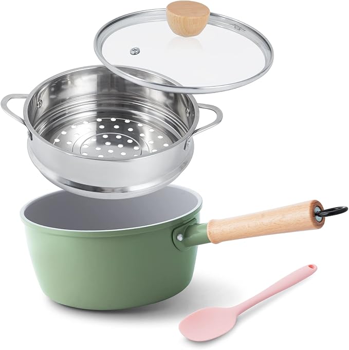 ROCKURWOK Ceramic Nonstick Sauce Pan with Lid, 1.5 Qt Small Pots for Cooking, Small Pot Wooden Handle for Cool Touch, Non Toxic & Pfas-Free Saucepan, Universal Base(Gas, Electric & Induction), White