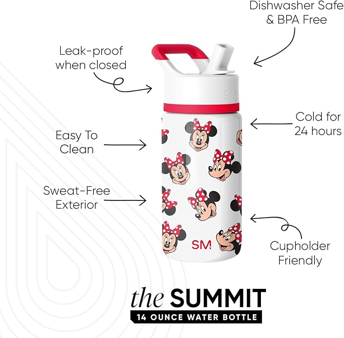 Simple Modern Kids Summit Water Bottle with Straw Lid | Disney Minnie Mouse 14oz Stainless Steel Cup Insulated Tumbler for Girls, School | Minnie Mouse Fun
