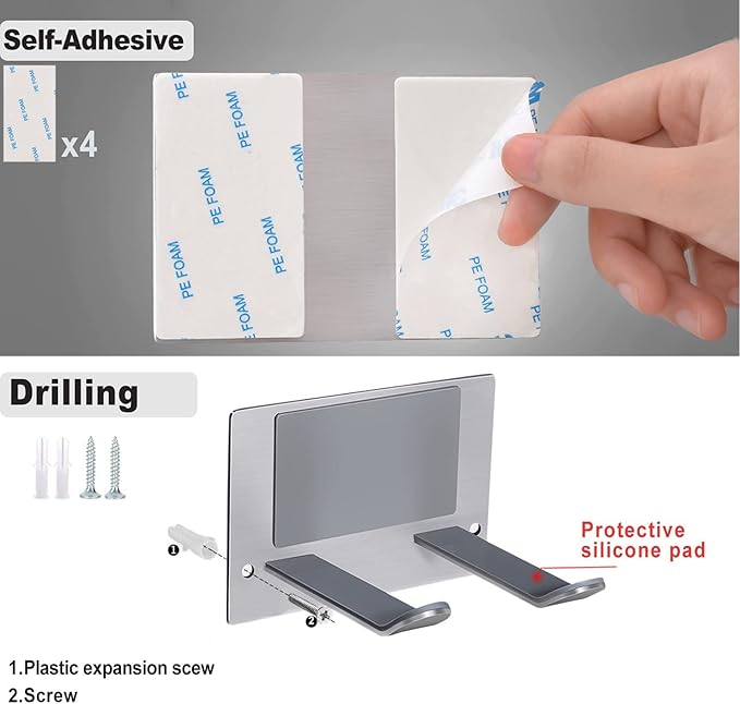 Self Adhesive Hair Dryer Holder Wall Mounted - Adhesive Bathroom Hair Blow Dryer Rack Organizer Compatible with Supersonic Hair Dryers (SUS 304 Silver)