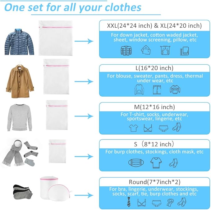 GOGOODA Mesh Laundry Bags for Delicates Durable Protective Wash Bags Travel Storage Bags for Intimates Lingerie, 7PCS (1XXL, 1XL,1L,1M,1S,2 bra bags)