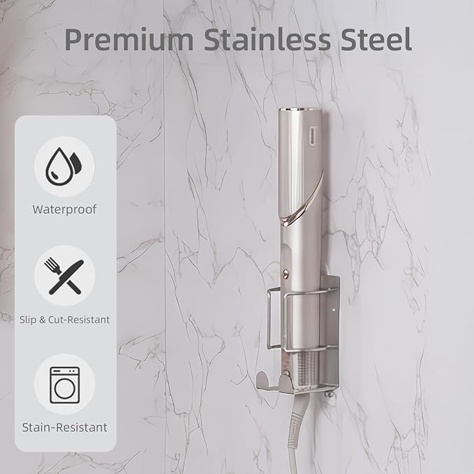 Curling Iron Holder, Stainless Steel Flat Iron Holder Wall Mount, Hair Straightener Holder for Bathroom Storage, Flat Iron Holder Wall Mount Space Saving Hair Tool Organizer Silver BANJEKT