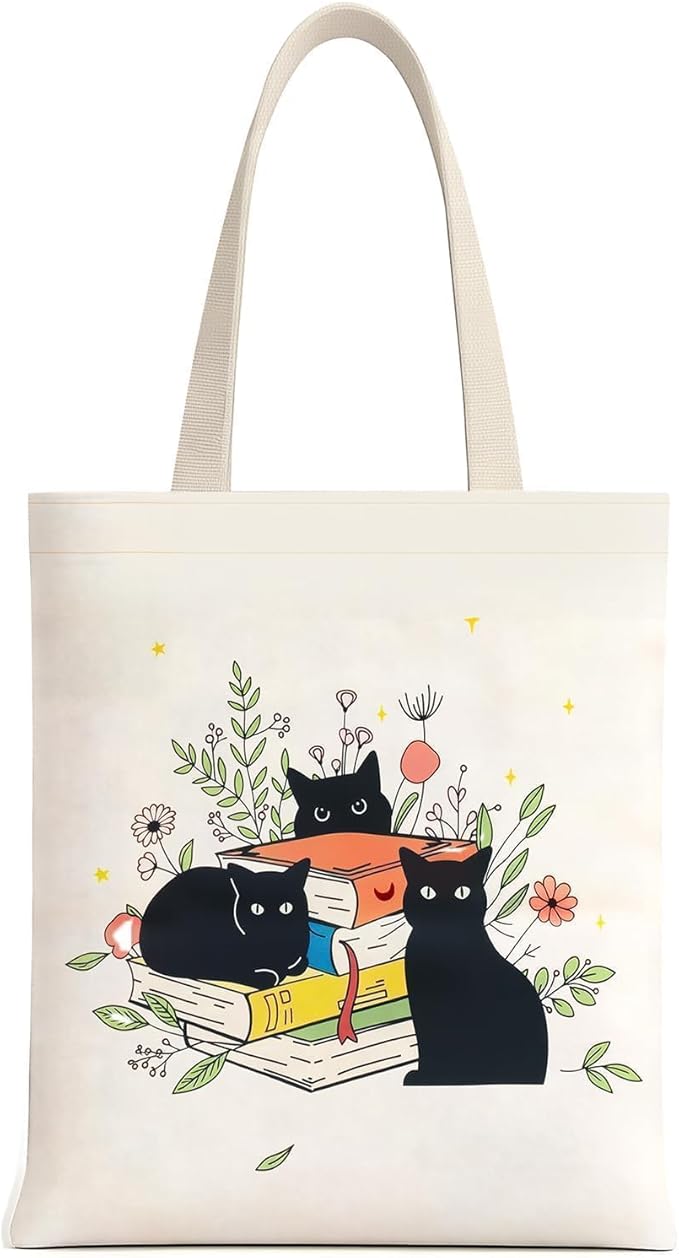 MOLOVA Reusable Canvas Cute Shoulder Bag,Made of 10 oz Canvas Tote Bag for Women,for Grocery, Shopping, Beach and Daily Use(Cat)