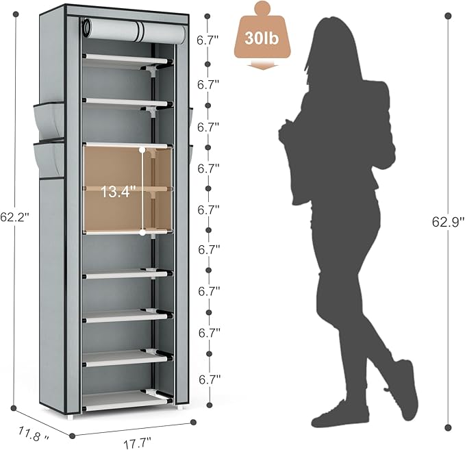 Shoe Rack with Cover Narrow Shoe Rack Organizer with 4 Side Pockets 10 Tier Tall Shoe Storage Shoe Shelf Holds 18-22 Pairs Shoes and Boots Shoe Rack for Closet, Grey