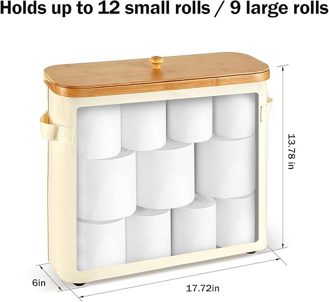 Toilet Paper Storage Basket with Lid and Handle for Bathroom， Bamboo Collapsible Toilet Paper Holder Storage with Non-Slip Bottom ,Extra Toilet Roll Storage, Beige