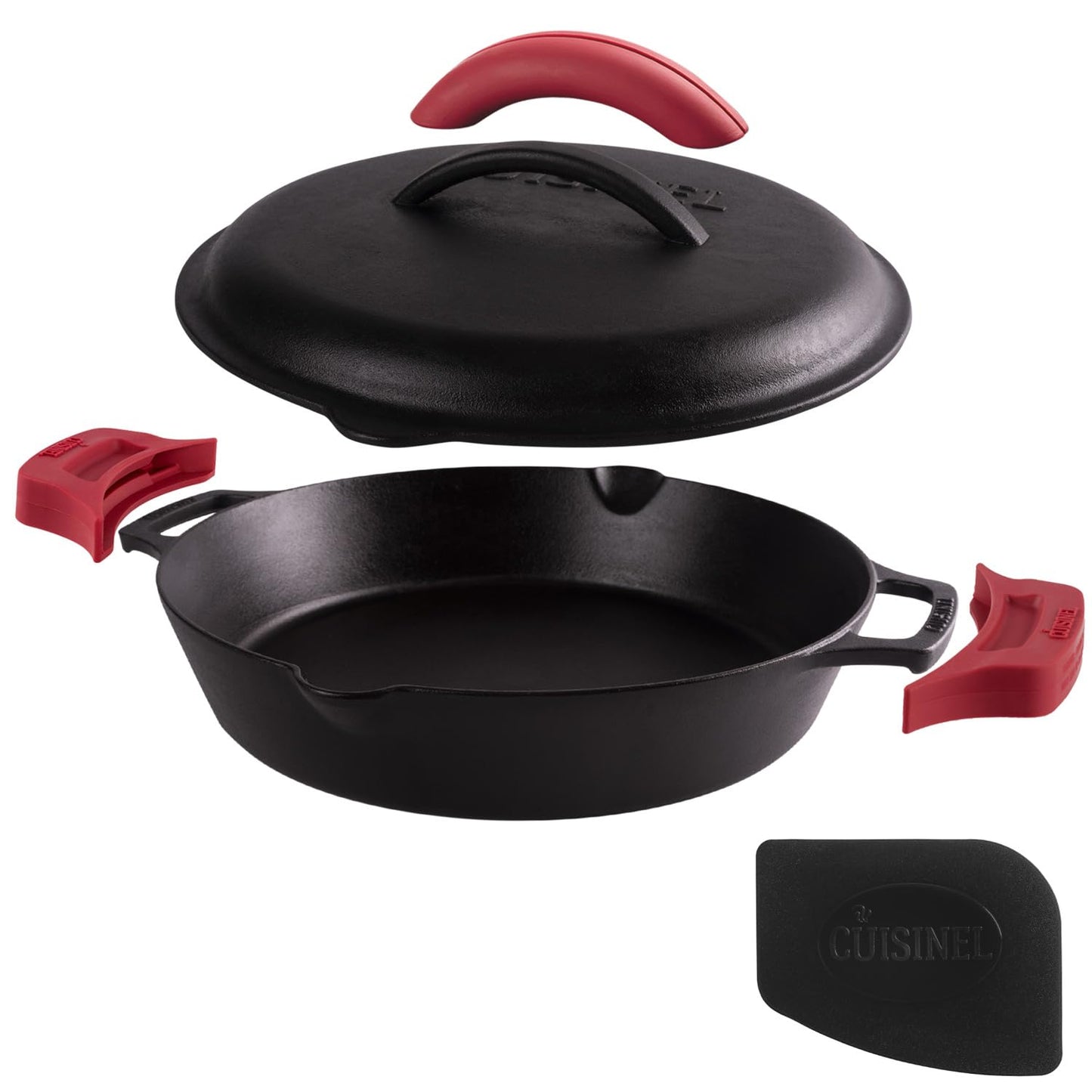 Cuisinel Cast Iron Skillet Set - 10" + 12" Frying Pan + Glass Lids + 2 Handle Cover Grips - Pre-Seasoned Oven Cookware - Indoor/Outdoor Use - Grill, Stovetop, Induction, BBQ, Camping, Fire Use