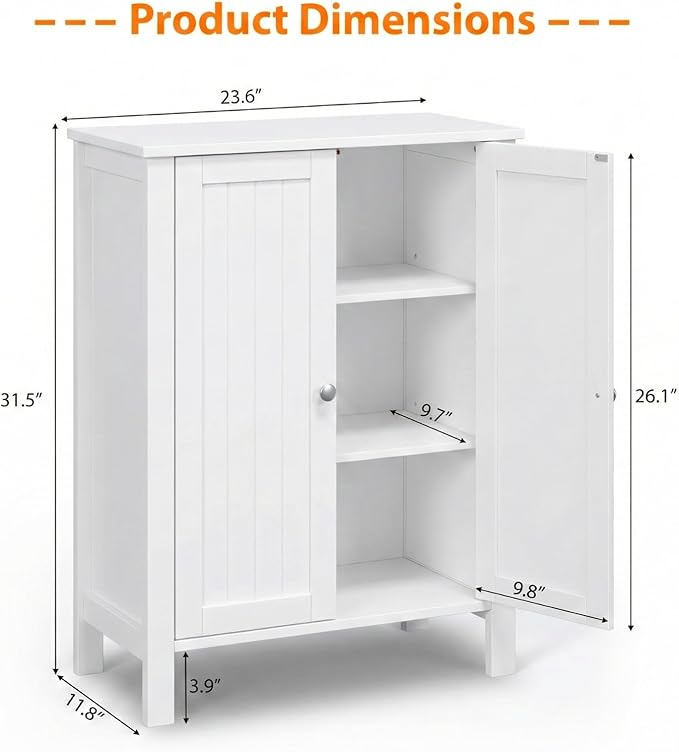 Bonnlo Bathroom Cabinet Free Standing Floor Storage with Double Door Adjustable Shelf Space Saver Decorative Modern Bathroom Furniture White