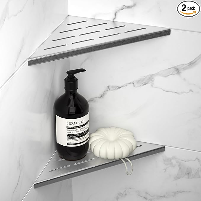 8'' Corner Shower Shelf 2PCS, 304 Stainless Steel Recessed Bathroom Shelves for Tiled Wall, Grout in Shelf (8'', Silver)