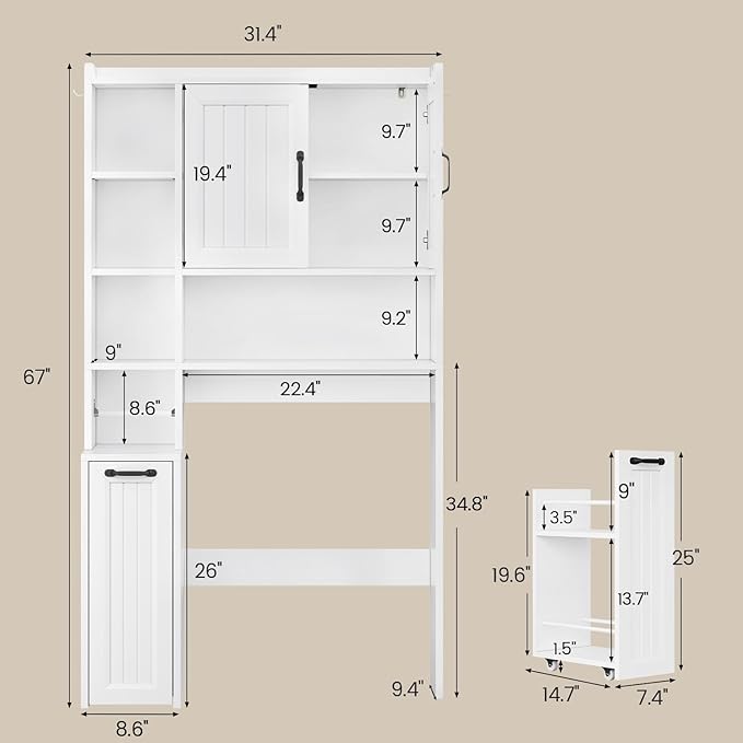 Over The Toilet Storage Cabinet with Pulley Small Bathroom Storage Cabinet, Space Saver W/Adjustable Shelf & Open Shelf for Bathroom, Restroom, Laundry (White-Type A)