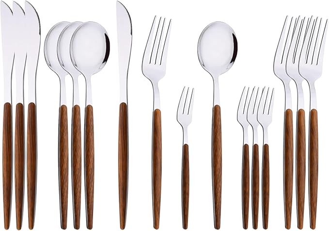 Uniturcky 16-Piece Silverware Set with Cake Fork, Gold Stainless Steel Flatware Cutlery Set, Eating Utensils Set with Wooden effect Handle, Include Knife Fork Spoon, Mirror Polished, Dishwasher Safe