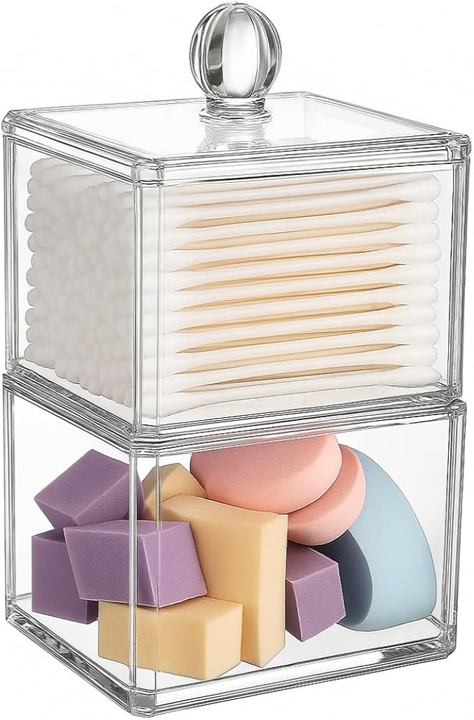 Stackable Square Acrylic Cotton Ball Holder Q-tip Holder Bathroom Swab Dispenser (Single pack)