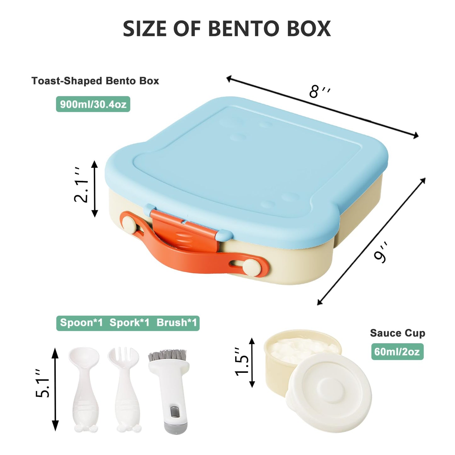 SAYAPE Bento Box for Kids & Adults – Cute Cartoon 2-Layer Lunch Box with Fork, Sauce Cup & Brush, BPA-Free, 3-Compartment Square Snack Container with Handle for School, Office, or Travel (Green)