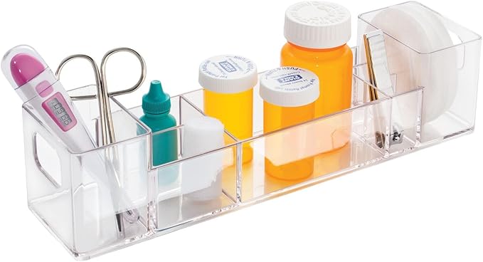 mDesign Plastic Bathroom Medicine Cabinet Organizer with Handles - Divided Vanity Storage Holder/Container for Cotton Swabs, Makeup, Bathroom Essentials/Toiletries, Lumiere Collection, 2 Pack - Clear