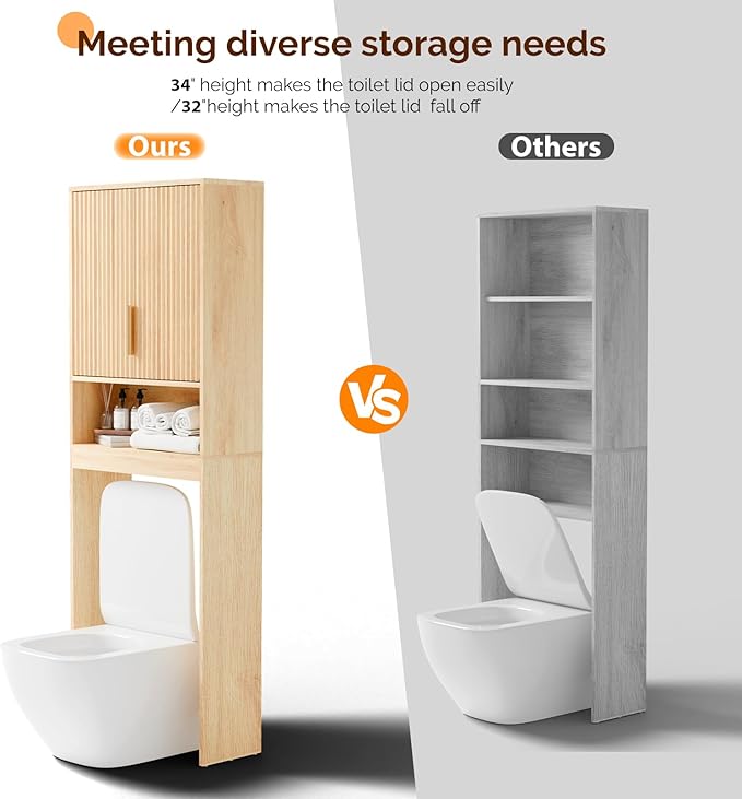 VINGLI Over The Toilet Storage Cabinet with Fluted Doors, Mid Century Modern Bathroom Organizer Over Toilet, Freestanding Wooden Space Saver Stand with Adjustable Shelves, Natural Oak