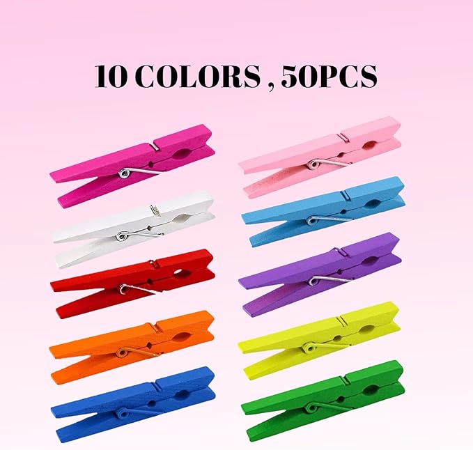 Clothes Pins, Colored Clothespins 50 PCS 2.9" Natural Birchwood Close Pins, Strong Grip, Colorful Clothespins, Multi-Purpose Colored Clothes Pins for Crafts, Hanging Clothes, Laundry