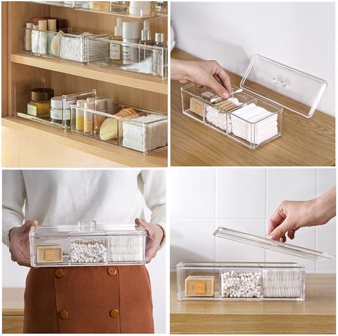 UTTH-DTTK Clear Cotton Ball and Swab Holder 3 Divided Compartments with Lid, , Waterproof Bathroom Organizers Small Plastic Storage Containers, Vanity Makeup Organization (A)