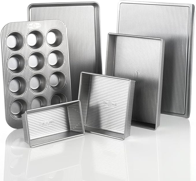 USA Pan Bakeware Aluminzed Steel 5-Piece Set Half, Cookie Sheet, Loaf, Square, Round Cake Pan