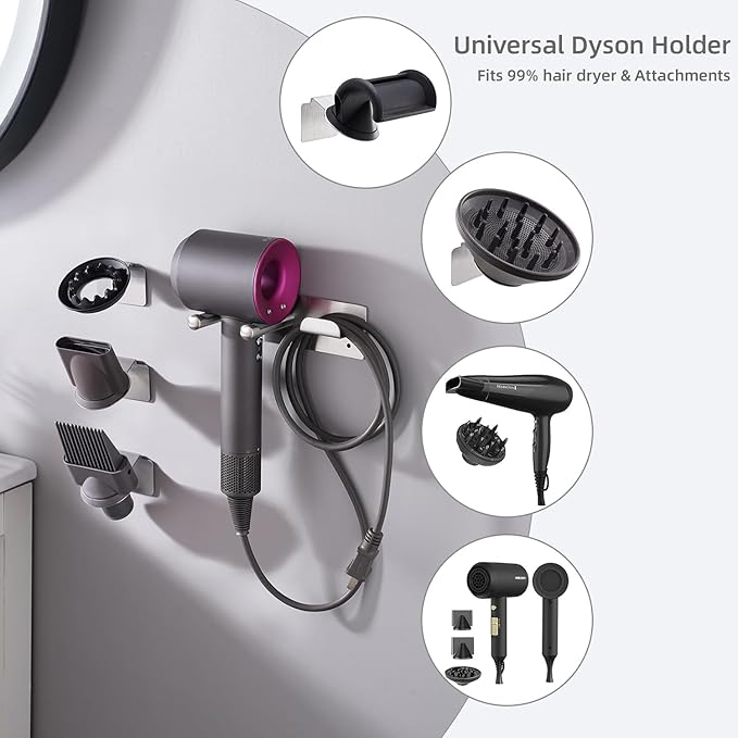 Hair Dryer Holder, Hair Dryer Holder Wall Mount for Supersonic/Nural & Attachments. Stainless Steel Hair Dryer Stand with Magnetic Rings. Hair Tool Organizer for Bathrooms Silver BANJEKT