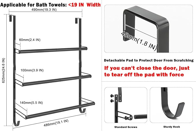 Livabber 3-Tier Over The Door Towel Rack, All Metal Towel Rack with Hooks for Door Hanging, Behind Door Towel Bar Towel Storage Holder for Bathroom Accessories, Black (19.37" L x 5.9" W x 24.4" H)