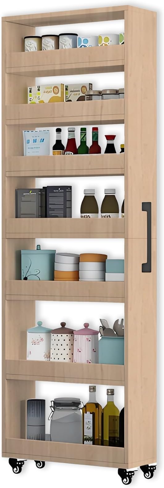 MINGRUIYU 7-Tier Slim Storage Cart, Wooden Rolling Pantry Cabinet with Wheels, Narrow Shelf Organizer for Kitchen, Bakers Rack, Dining Room, Closet, Small Spaces Teak 73.2''H*9.8''W*19.6''D