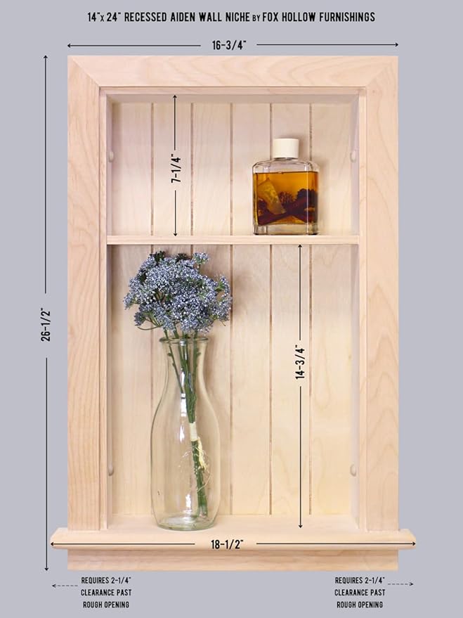 Fox Hollow Furnishings 14x24 Recessed Aiden Wall Niche - Wall Shelf for Storage and Home Decor, 1 Shelf (Unfinished W/Beadboard Back)