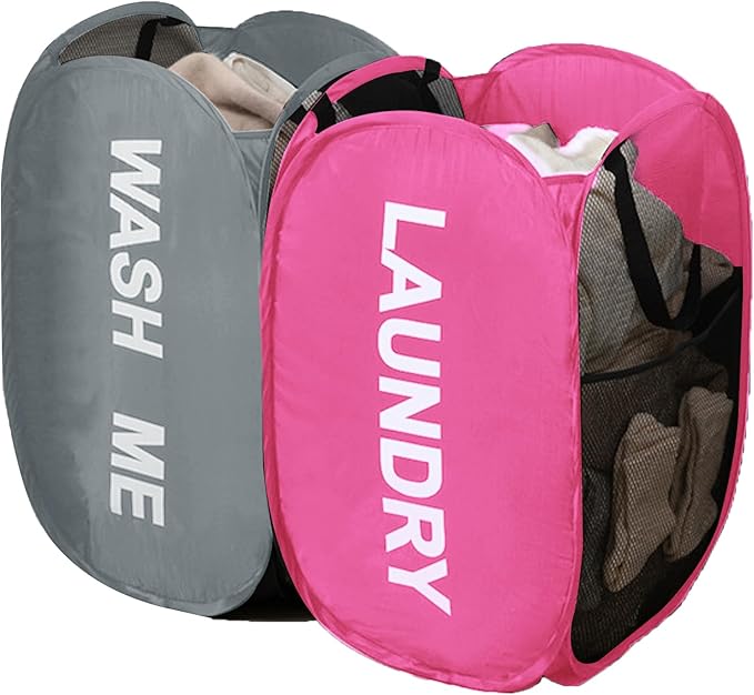Pack of 2 Mesh Pop Up Hampers Collapsible Laundry Baskets for Dirty Clothes Storage With Side Pocket for Students, College Dorm, Apartment (Grey+Pink)