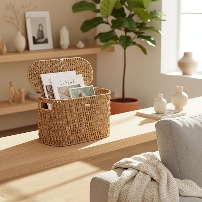 Toilet Paper Basket with Lid,Paper Rope Decor Basket for Bathroom Organizers and Storage,Holds Up to 6 Mega Rolls,Decorative Hand-Woven Bathroom Bedroom Living Room Decor