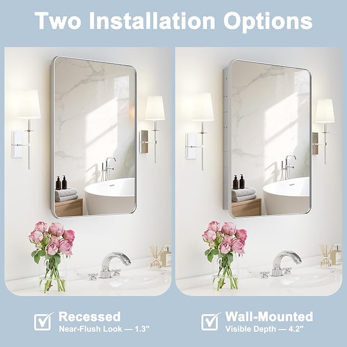 28x20 Inch Matte Silver Medicine Cabinet with Mirror for Bathroom, Aluminum Medicine Cabinet with Frosted Finish, Recessed or Wall Mount Medicine Chest, Modern Sleek Design, Fully Assembled