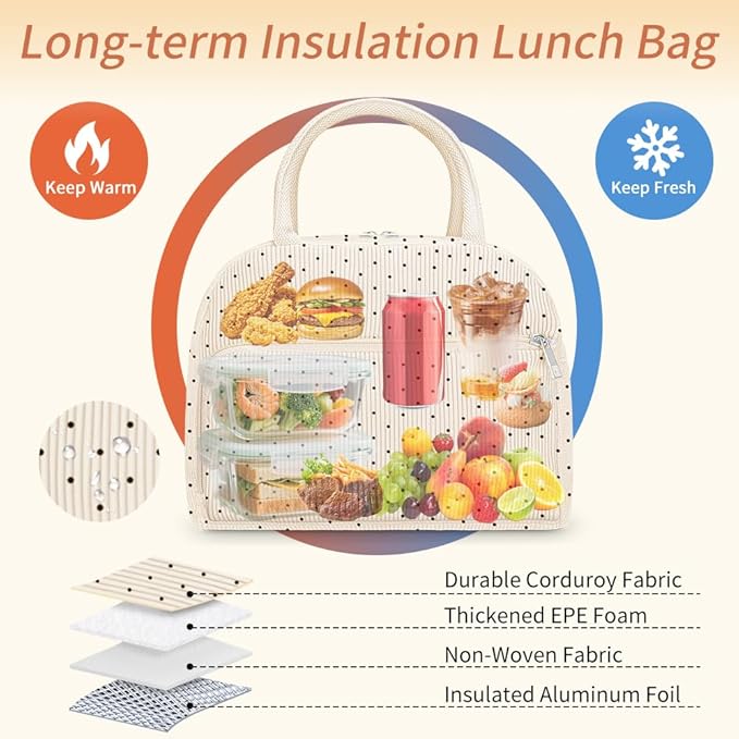 Coobiiya Lunch Bag Lunch Box for Women Men, Reusable Cute Corduroy Lunchbag - Leakproof, Insulated LunchBox Tote with Large Capacity, Dot