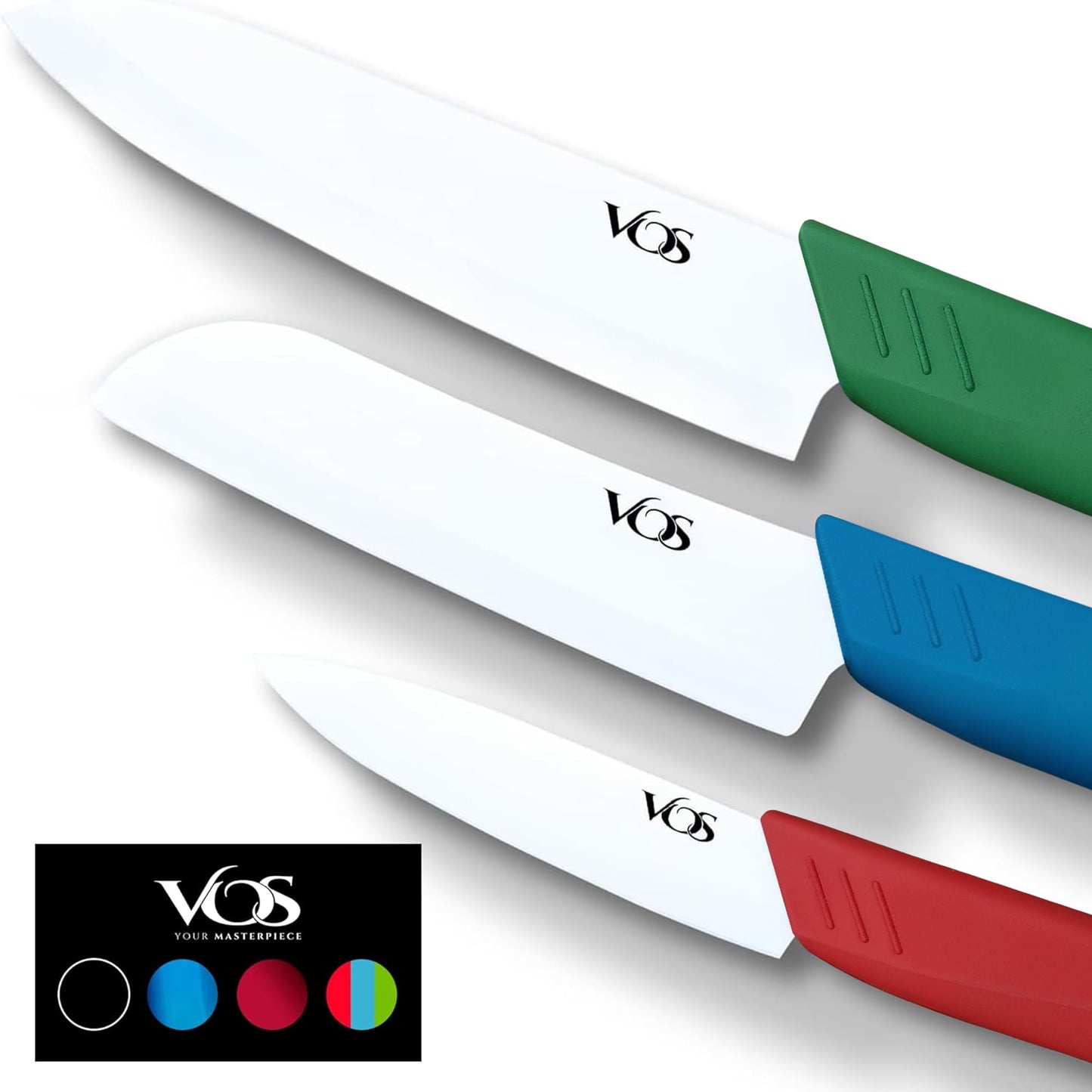 Vos Ceramic Knife Set in Elegant Gift Box, Ceramic Knives Set For Kitchen, Ultra Sharp Kitchen Knife Set with Covers, 4" 5" 6" Paring, Santoku & Chef Knife, Lightweight, Dishwasher safe (Black Handle)