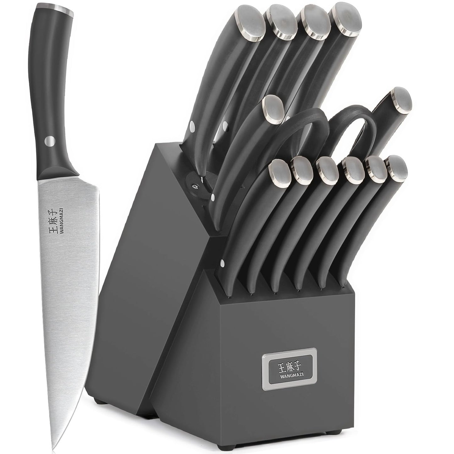 WANGMAZI 15‑Pcs Knife Block Set, High Carbon Steel, Natural