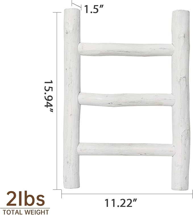 FUIN Fully Assembled Wooden Tea Towel Ladder, Mini Ladder Towel Rack Display Hanger, Small Rustic Farmhouse Tea Towel Stand Holder for Country Bathroom Decor, White