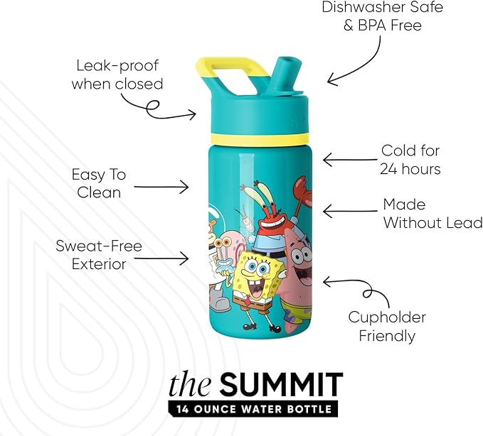 Simple Modern Kids Summit Water Bottle with Straw Lid | SpongeBob 14oz Insulated Stainless Steel Cup for Boys, Girls, School | SpongeBob Pals
