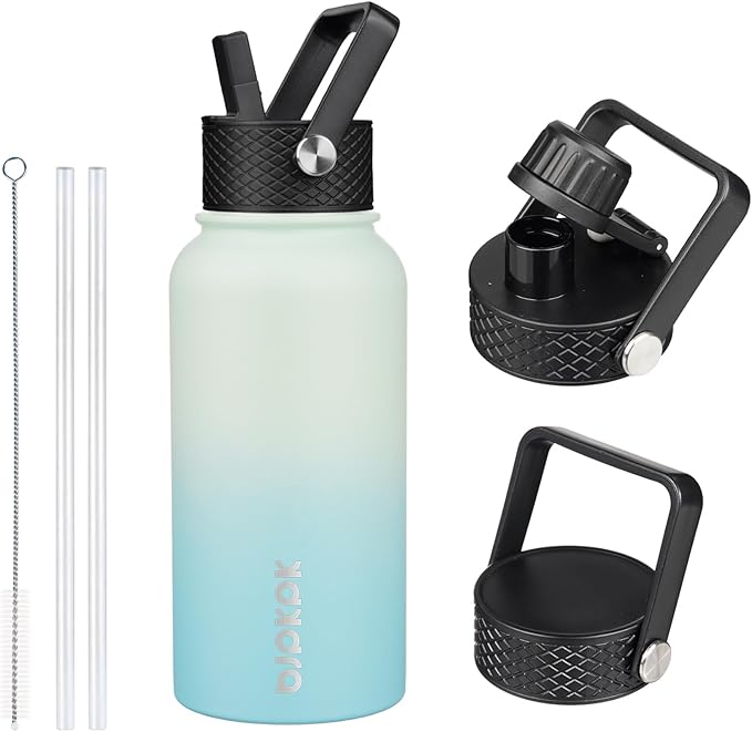 BJPKPK Insulated Water Bottles with Straw Lid, 27oz Stainless Steel Water Bottle with 3 Lids, Leak Proof BPA Free Metal Thermo, Mugs, Tumblers, Keep Cold Hot - Mint