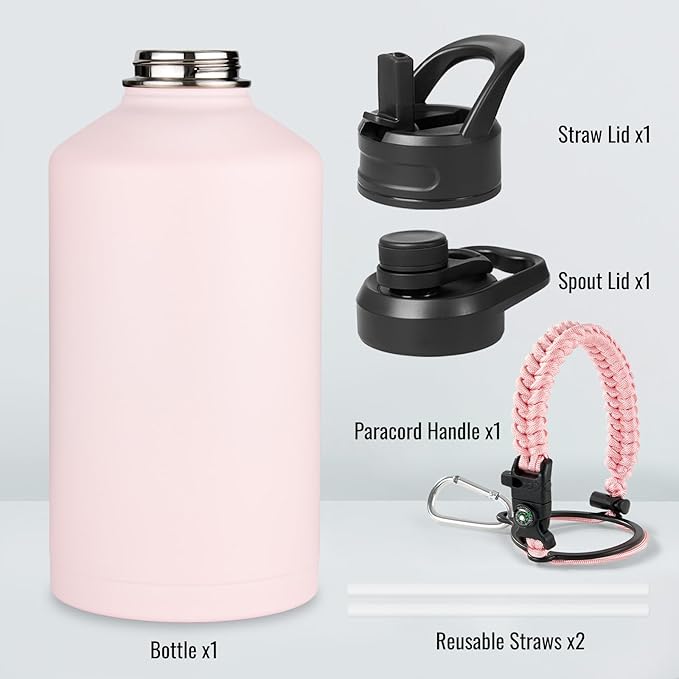 Gallon Water Bottle with 2 Lids (Straw & Spout), 304 Stainless Steel Water Jug with Handle and Wide Mouth, 1 Gallon Vacuum Double Walled Jug for Sports, Outdoors, Pink, 128 oz