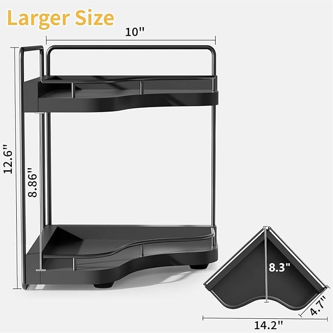 2-Tier Corner Bathroom Counter Organizer with Embedded Screw Holes, Secure & Stable Wood Vanity Shelf for Makeup and Skincare Essentials - Space Saving Bathroom Countertop Storage, Black