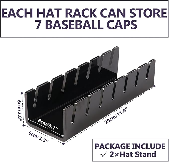 Hat Organizer for Baseball Caps, 2 Pcs No Install Acrylic Hat Stand for 14 Baseball Caps, Hat Racks for Caps Display and Organizer for Bedroom, Closet, Dresser, Office, Hat Holder
