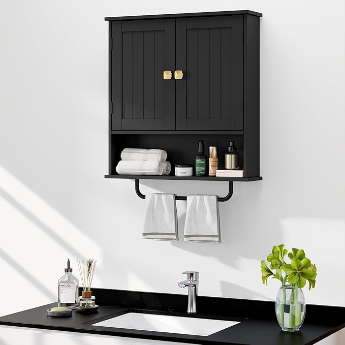 RRX Bathroom Cabinet Wall Mounted Medicine Cabinets with Towels Bar, Over The Toilet Storage Cabinet with 2 Doors and Adjustable Shelf, White Wall Cabinet for Bathroom Laundry Kitchen (Black)