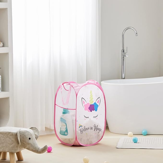 TECHMILLY Collapsible Mesh Pop Up Laundry Hamper with Sturdy Handles and Side Pocket - Portable Foldable Clothes Baskets for Dorm, Bathroom & Travel Storage (Unicorn)