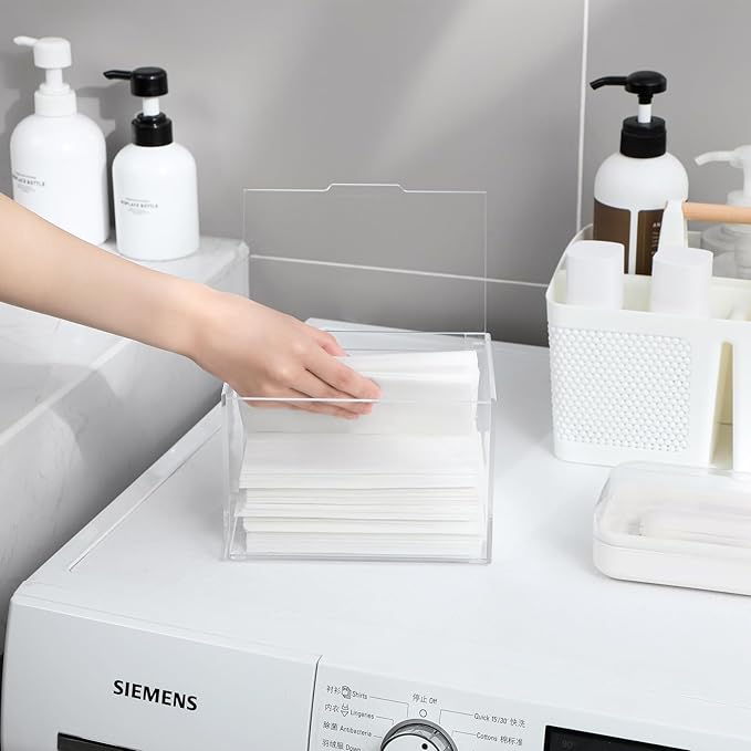 rejomiik Thick Acrylic Dryer Sheet Holder Clear Container for Laundry Room Organize and Storage, Dispenser for Dryer Sheets, Fabric Softener, Large