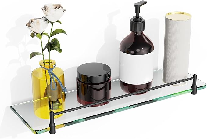 Glass Bathroom Shelves,Matte Black Floating Shelves for Wall Rectangular Modern Stainless Steel Glass Shelf for Bathroom Shelves Wall Mounted 16 Inch