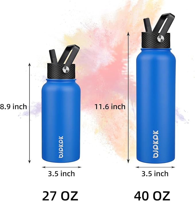 BJPKPK Insulated Water Bottles with Straw Lid, 40oz Stainless Steel Water Bottles with 3 Lids, BPA Free Leakproof Thermo, Tumblers, Cups for Sports, Gym- Sapphire