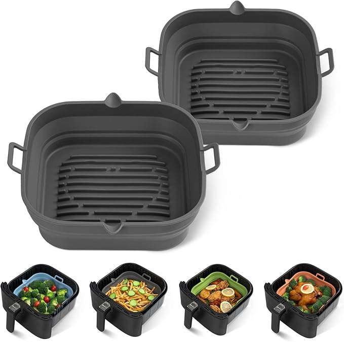 Loveuing Silicone Air Fryer Liners Square - Reusable Airfryer Collapsible Basket - Easy to Clean Air Fryers Pot for 5.8 to 8 Qt Baking Tray Oven Accessories, 8.5 Inch Large