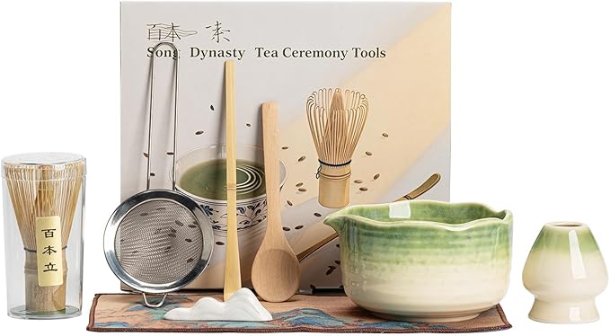 Matcha 7-Piece Set, Japanese Matcha Ceremony Kit with Chawan Bowl, Bamboo Whisk and Strainer, Great Gifts for Mom, Grandma, Wife, Women, Birthday, Mother’s Day, Graduation, Home Decor(Black)