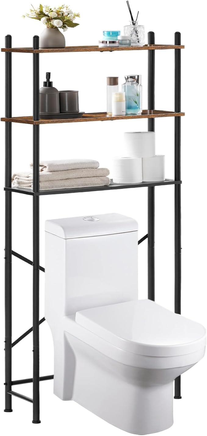 HOOBRO Over The Toilet Storage, 3-Tier Over Toilet Bathroom Organizer, Freestanding Above Toilet Shelf with Adjustable Feet, Space Saving, Easy Assembly, Rustic Brown and Black BF63TS01