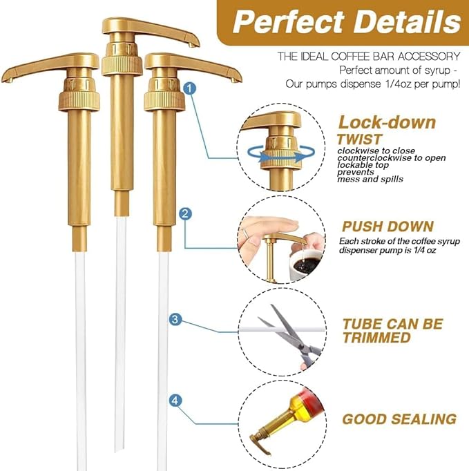 20 Pcs Gold Syrup Pump Dispenser, Compatible with 25.4 Oz/750ml Bottles, Great for Home & Coffee Bar Drinking Mixes, Tea, Beverage, Cocktails, Plus Spoons