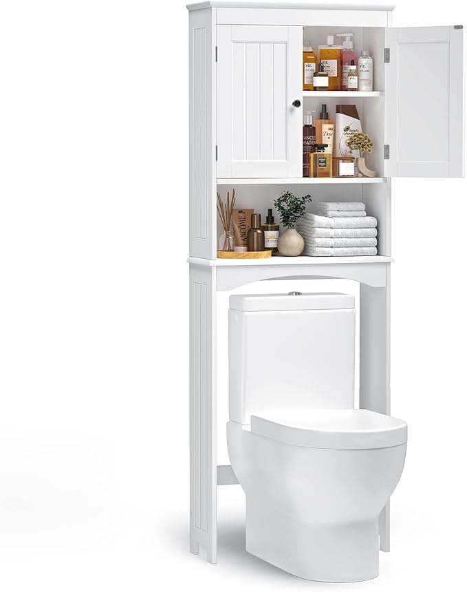 Bealife Over The Toilet Storage Cabinet with Open Shelf, Organizer with Adjustable Shelf and Double Doors,Over The Toilet Storage Shelf Free Standing- White