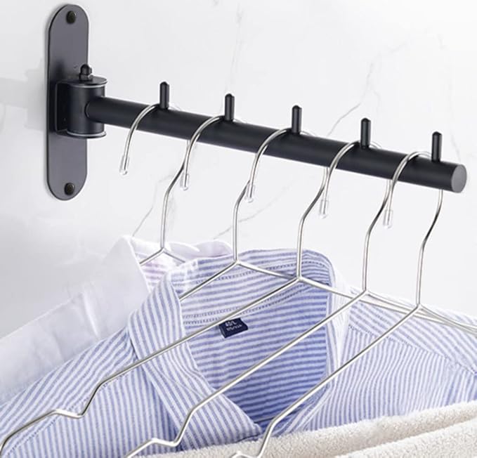 Folding Wall Mounted Clothes Hanger Rack with Swing Arm, Foldable 180°Rotation, Stainless Steel 304 Folding Clothes Hanger Drying Rack Rod, for Laundry Room Valet Hook (Black)