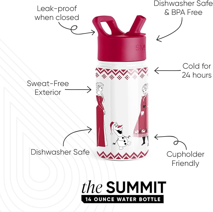 Simple Modern Kids Summit Water Bottle with Straw Lid | Disney Frozen 14oz Stainless Steel Cup Insulated Tumbler for Toddlers, School | Frozen Red Dress Winter