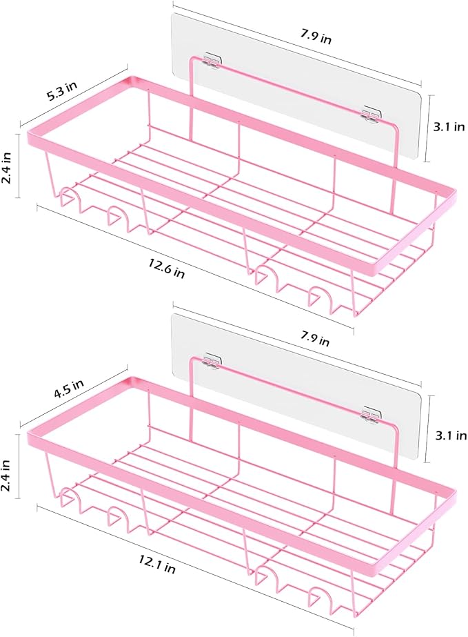 2 Pack Adhesive Shower Caddy Organizer with Hooks, Rustproof No Drilling Wall Mounted Storage Shelf Rack for Inside Shower/Bathroom/Kitchen (Pink)