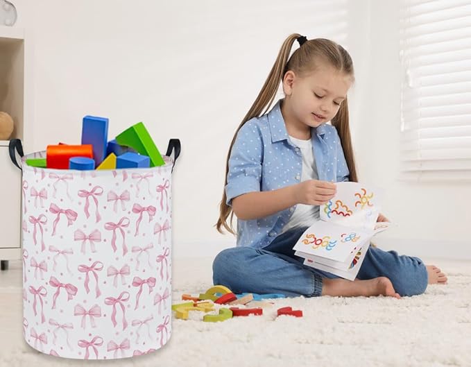 Girls Laundry Basket Pink Hamper for Nursery Bowkont Hamper Cute Kids Storage Bin Organizer Room Decor for Home(Pink bowkont)